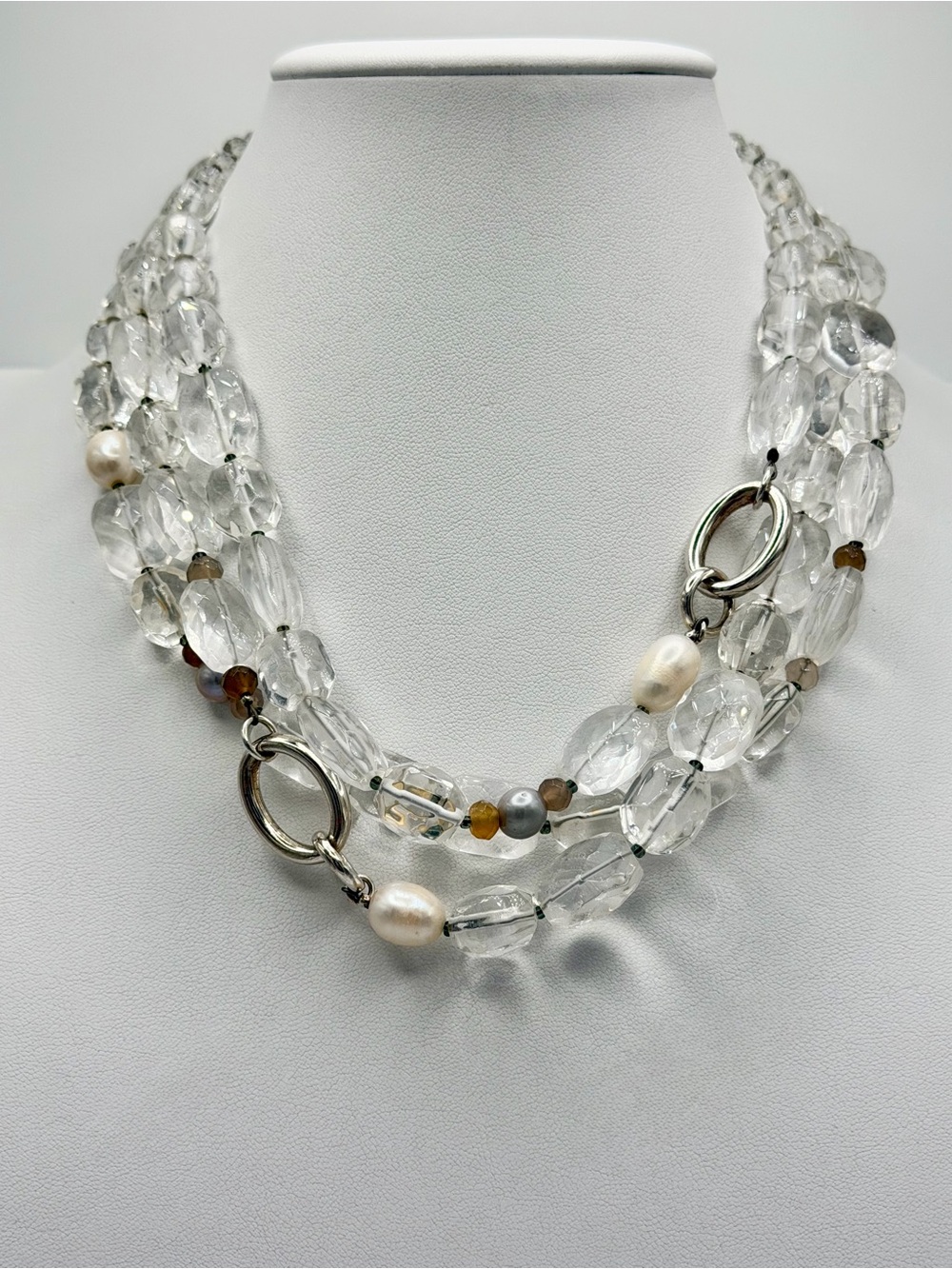 Silpada Vintage Sterling Silver Quartz & Pearl WHITE HEAT 3-Strand Necklace